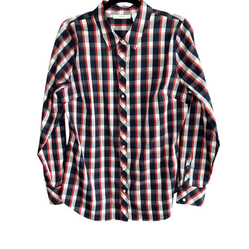 1901 Button Front Shirt Red White Blue Plaid Stretch Cotton Size M